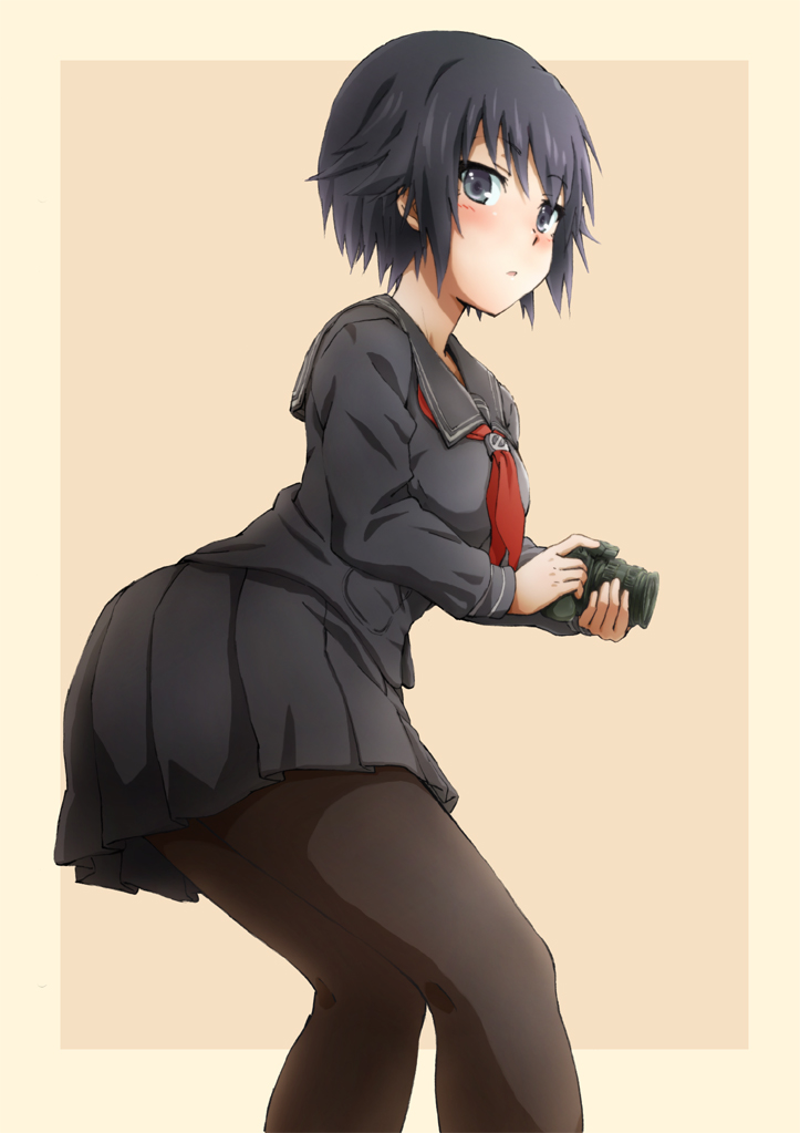 black_hair, black_legwear, blue_eyes, blush, breasts, camera, holding, pantyhose