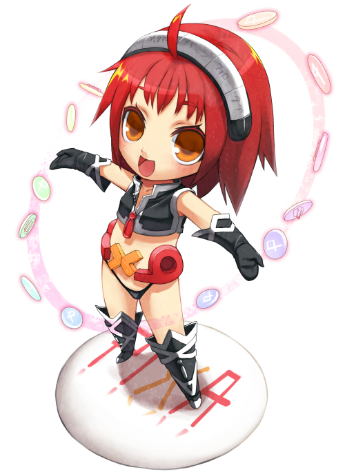 ahoge, ascot, badge, boots, brown_eyes, brown_hair, chibi, from_above