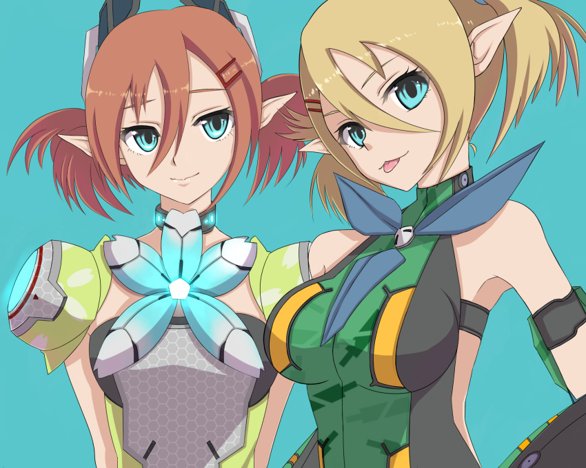 armlet, arms_behind_back, bare_shoulders, blonde_hair, blue_eyes, brown_hair, choker, hair_ornament