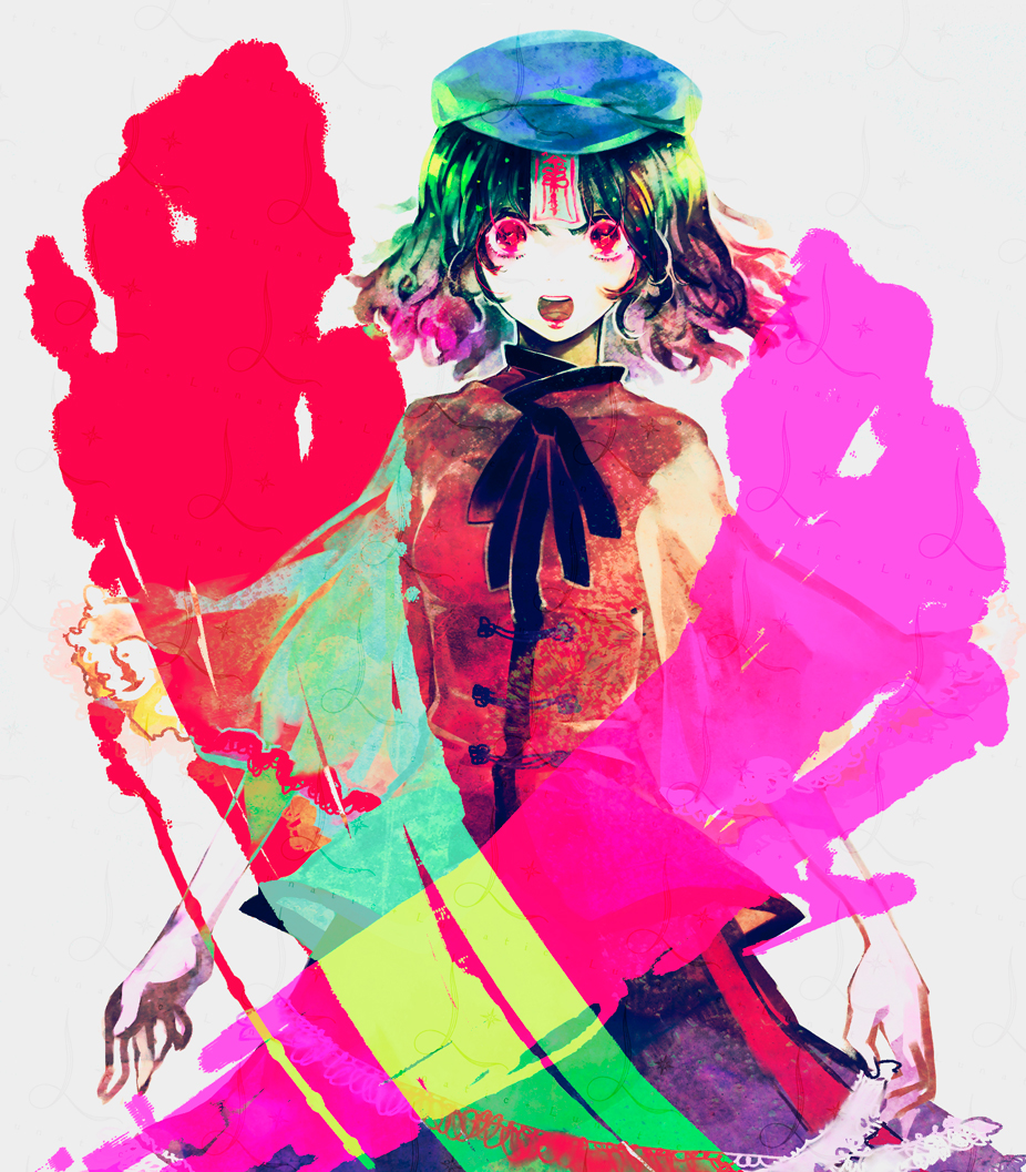 brown_hair, chinese_clothes, hat, jiangshi, miyako_yoshika, no_nose, ofuda, open_mouth