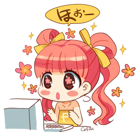 :o, bare_shoulders, black_eyes, blush_stickers, chibi, computer, computer_keyboard, flower