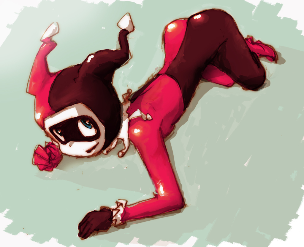 blue_eyes, bodysuit, dc_comics, harley_quinn, lying, mask, mzn, smile