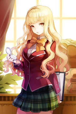 blazer, blonde_hair, bow, celine_hastur, clipboard, cocorip, curtains, dress_shirt
