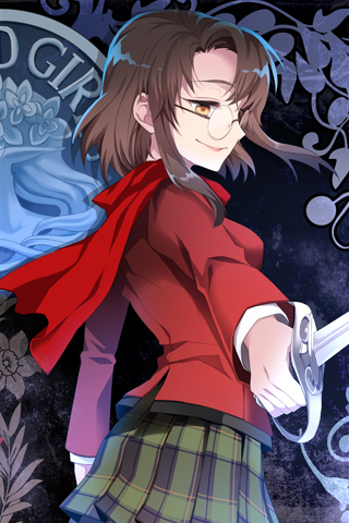 bangs, blazer, brown_hair, flower, glasses, grin, holding, ieban