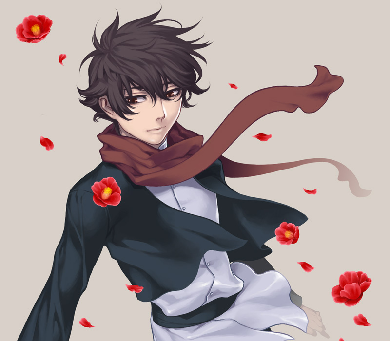 banbuji, black_hair, flower, gundam, gundam_00, red_eyes, scarf, setsuna_f_seiei, short_hair, solo
