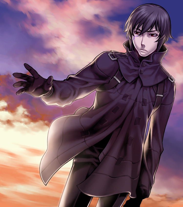 banbuji, black_eyes, black_hair, blassreiter, facial_mark, gloves, joseph_jobson, sky