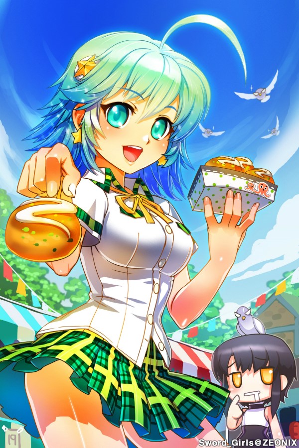 aqua_hair, bird, black_hair, blue_eyes, blush, bow, cat_shi, dress_shirt