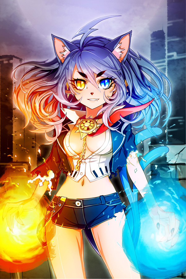 animal_ears, belt, blue_eyes, blue_hair, breasts, cat_ears, cat_shi, chain