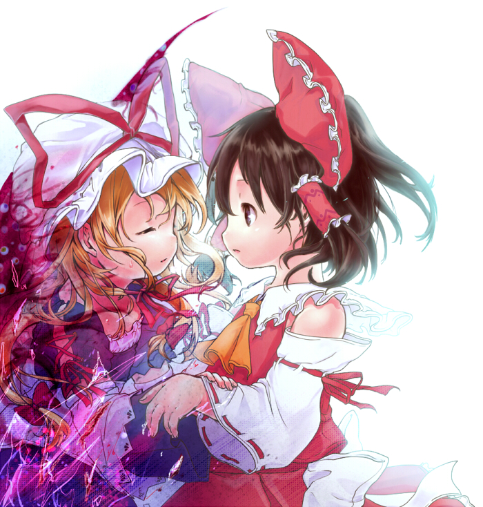ascot, black_eyes, black_hair, blonde_hair, blood, bloody_clothes, bow, closed_eyes