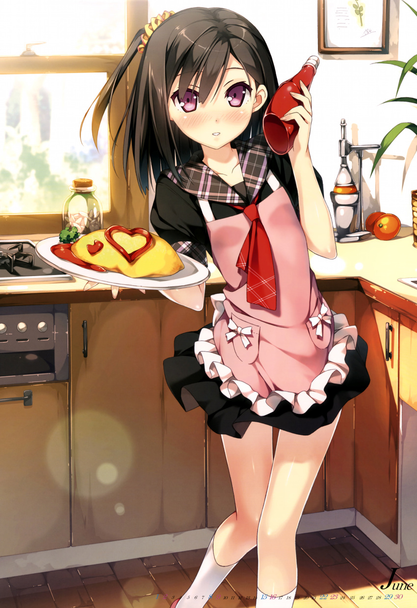 absurdres, apron, black_hair, blush, calendar, food, highres, kantoku