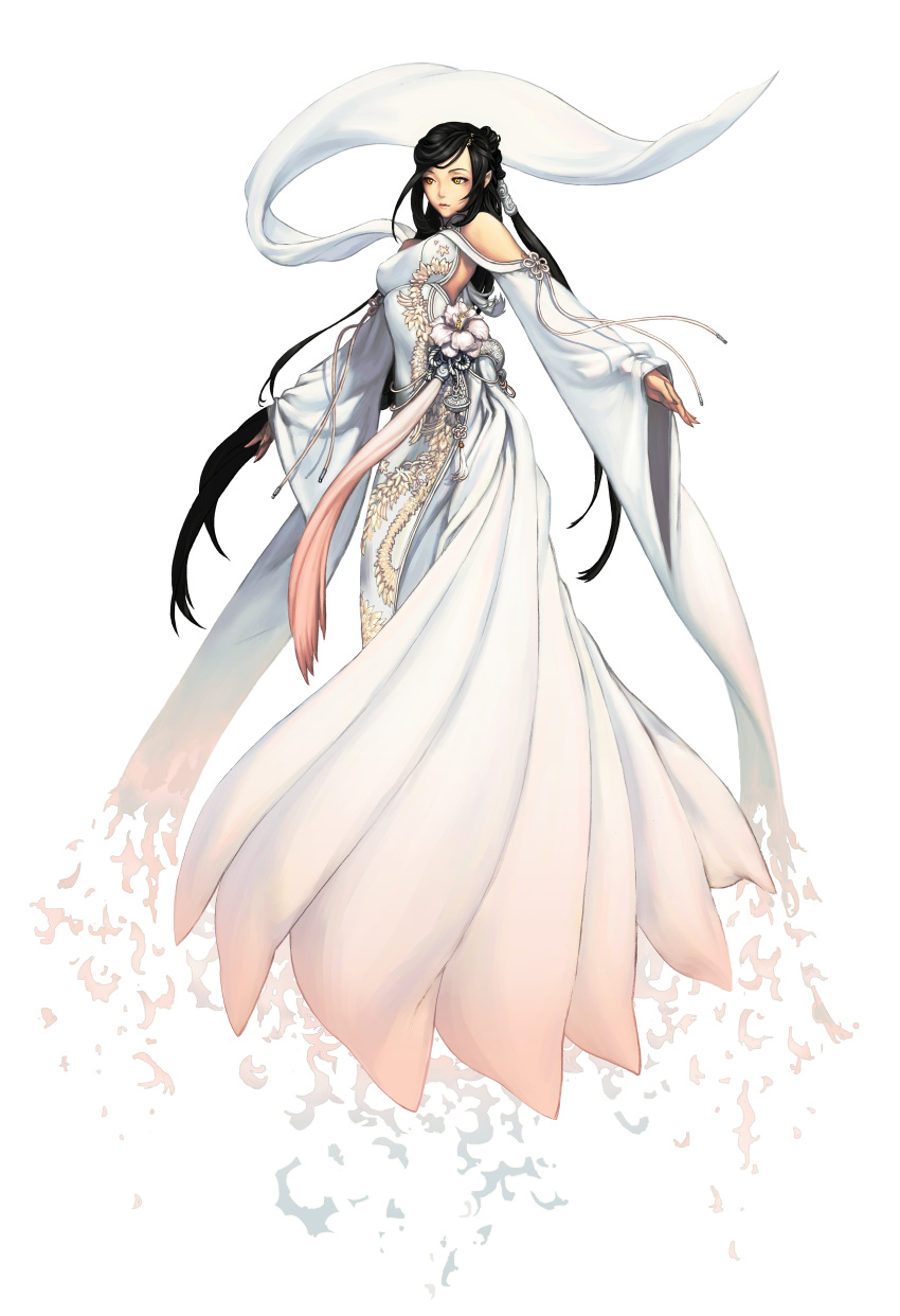 absurdres, blade_&amp;_soul, dress, flower, heterochromia, highres, hyung_tae_kim, lipstick, long_hair, long_sleeves, makeup, scarf, smile, white_dress