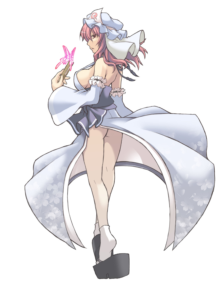 absurdres, arm_ribbon, ass, bare_shoulders, blue_dress, bottomless, breasts, butterfly, closed_fan, detached_sleeves, dress, fan, floral_print, folding_fan, hat, highres, large_breasts, long_hair, long_sleeves, looking_at_viewer, nikubanare, no_bra, no_panties, pink_eyes, pink_hair, saigyouji_yuyuko, sash, side_slit, sideboob, solo, touhou, triangular_headpiece, veil, wide_sleeves