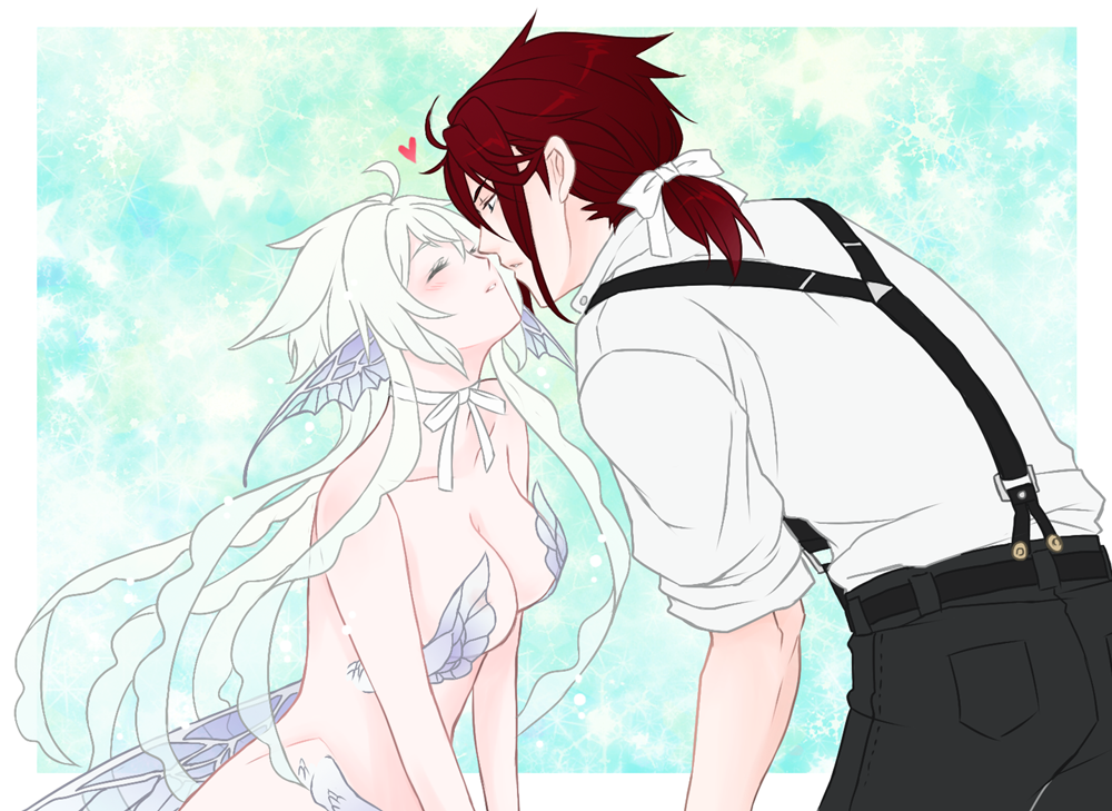 1girl, blush, character_request, closed_eyes, eyes_losed, fins, hair_ribbon, heart