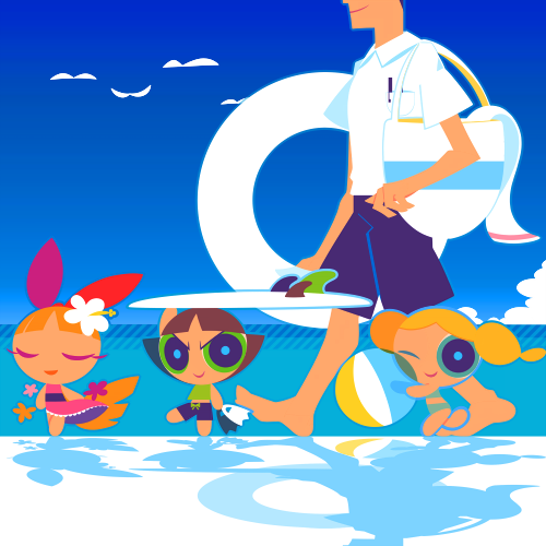 3girls, ball, beachball, black_hair, blonde_hair, blossom_(ppg), bubbles_(ppg), buttercup_(ppg)
