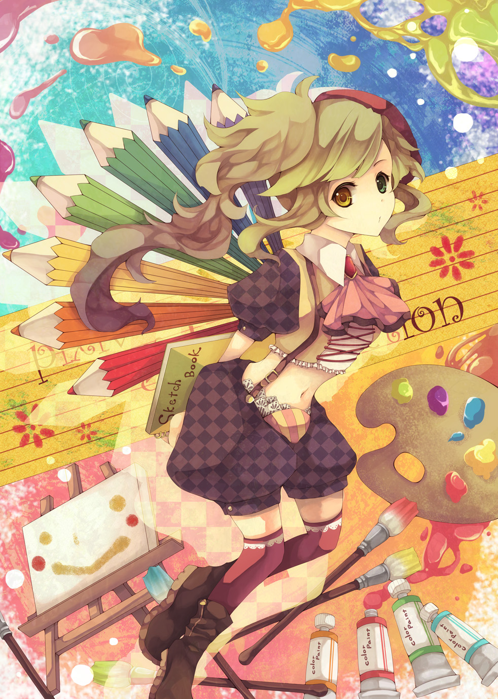 brush, colored_pencil, highres, long_hair, navel, oekaki_musume, original, paint