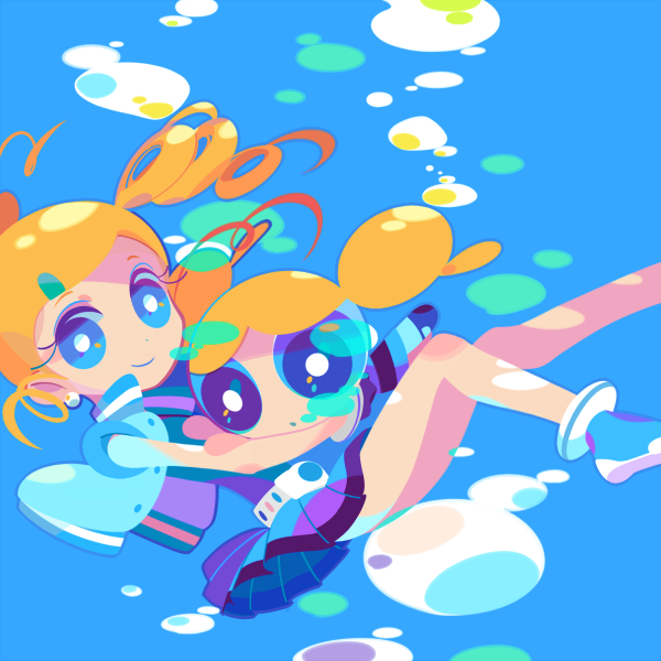 blonde_hair, blue_eyes, bubble, bubbles_(ppg), drill_hair, dual_persona, ear_studs, earrings