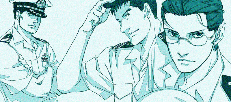 glasses, kadomatsu_yousuke, kikuchi_masayuki, military, military_uniform, monochrome, multiple_boys, oguri_kouhei, sailor, tamaki_(artist), uniform, zipang_(anime)