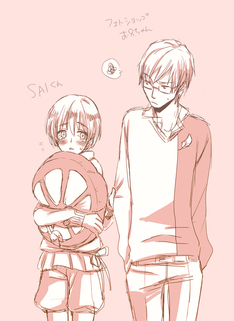 blush, glasses, kumonosuke, monochrome, personification, pillow, pink, pink_background