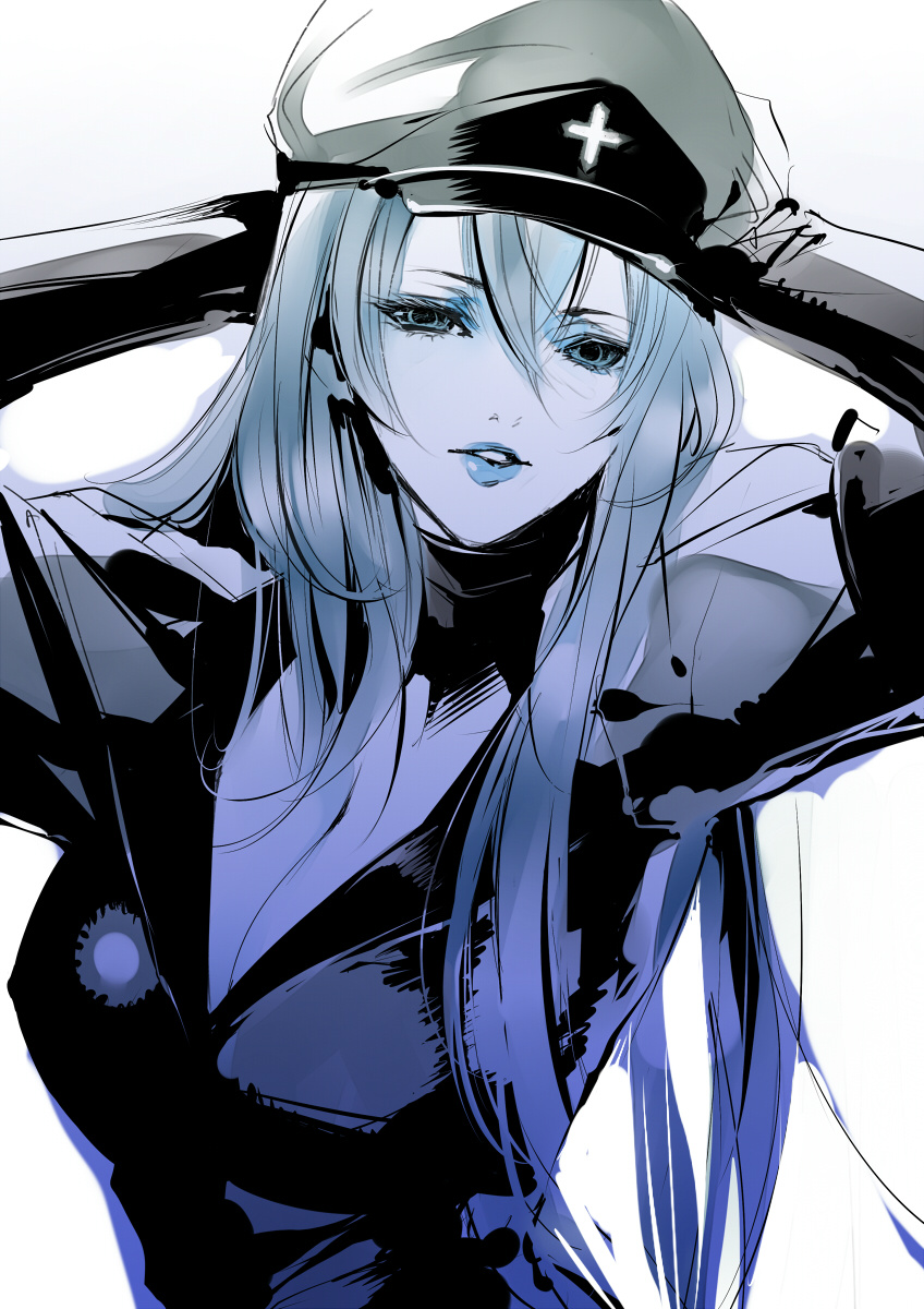 akame_ga_kill!, aqua_hair, arms_up, beret, blue_eyes, blue_lipstick, breasts, cleavage, esdese, eyelashes, hands_in_hair, hat, highres, kiyohara_hiro, large_breasts, lips, lipstick, long_hair, makeup, military, military_uniform, peaked_cap, solo, uniform, very_long_hair