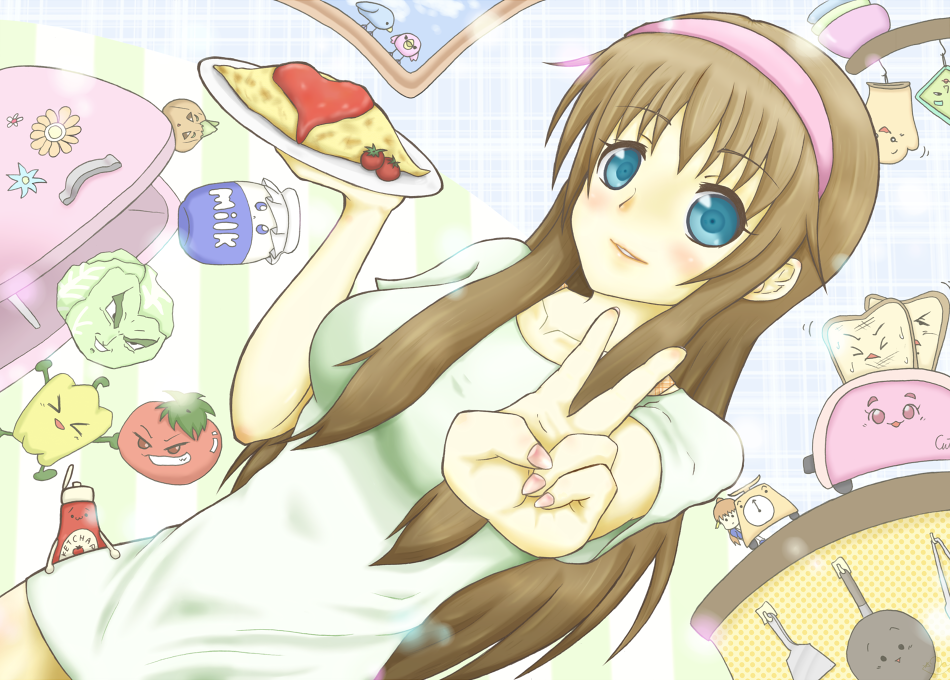 blue_eyes, blush, breasts, brown_hair, dead_or_alive, dutch_angle, food, hairband, hitomi, ketchup, koshirou, large_breasts, lettuce, long_hair, nail_polish, naked_shirt, omelet, peppers, personification, plate, refrigerator, solo, t-shirt, toast, tomato, v