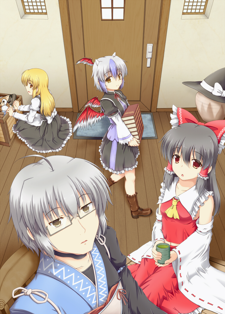 3girls, ahoge, blonde_hair, book, bow, box, carrying, chair, choker, collarbone, cup, detached_sleeves, furby, glasses, gremlins, grey_hair, hair_bow, hair_tubes, hakurei_reimu, hat, head_wings, horns, kirisame_marisa, long_hair, long_sleeves, morichika_rinnosuke, multicolored_hair, multiple_girls, open_mouth, puffy_sleeves, red_eyes, seiza, short_hair, sitting, sweatdrop, tokiko_(touhou), touhou, two-tone_hair, wide_sleeves, wings, witch_hat, yellow_eyes, yuu_hitoshi