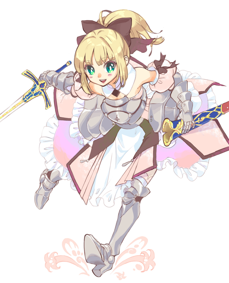 ahoge, armor, armored_dress, bare_shoulders, blonde_hair, bow, caliburn, detached_sleeves