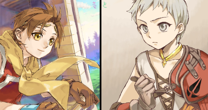 brown_hair, character_request, collarbone, gensou_suikoden, gensou_suikoden_ii, gensou_suikoden_tierkreis, gloves, hero_(suikoden_tierkreis), jewelry, male, multiple_boys, necklace, nodobotokemax, riou, smile