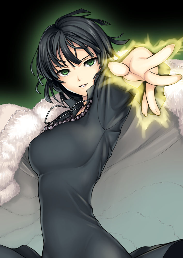 black_hair, breasts, character_request, coat, fubuki_(onepunch_man), glowing, glowing_hand, green_eyes