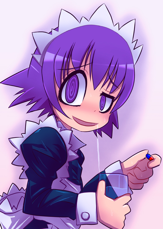 crazy_eyes, drugs, futaba_channel, glass, maid, maid_headdress, nijiura_maids, pill, purple_eyes, purple_hair, saliva, solo, torotei, violet_eyes, wrist_cuffs, yakui