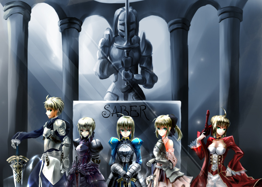 4girls, aestus_estus, ahoge, armor, armored_dress, blonde_hair, breasts, column