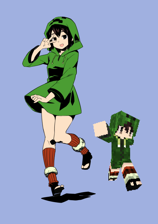 creeparka, creeper, looking_at_viewer, minecraft, personification, short_hair, simple_background, smile