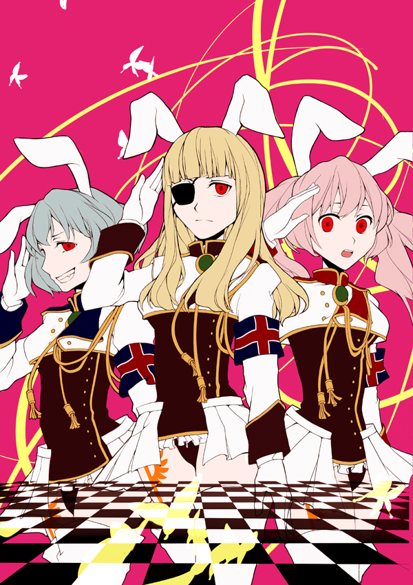 animal_ears, armband, bad_id, blonde_hair, blue_hair, bunny_ears, butterfly, chess, error, eyepatch, gloves, grin, multiple_girls, pink_hair, rabbit_ears, red_eyes, salute, shimesaba, siesta00, siesta410, siesta45, siesta_sisters, smile, umineko_no_naku_koro_ni, uniform