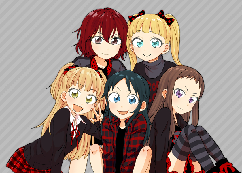 :d, aqua_eyes, black_hair, blonde_hair, blue_eyes, bow, brown_hair, hair_bow