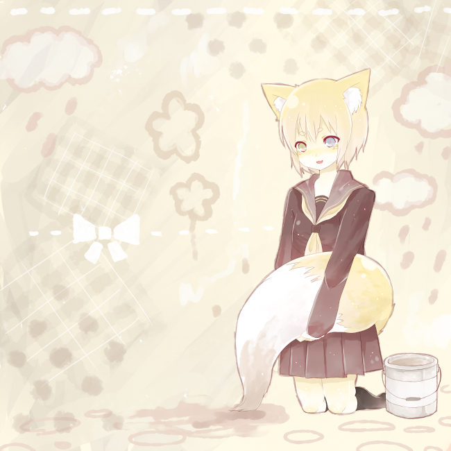 bad_id, blonde_hair, fox_ears, fox_tail, green_eyes, kneeling, oekaki_musume, original
