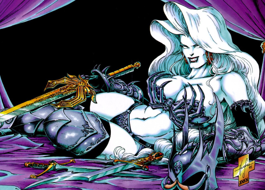 1girl, 90s, armor, breasts, cleavage, dated, gloves, grin