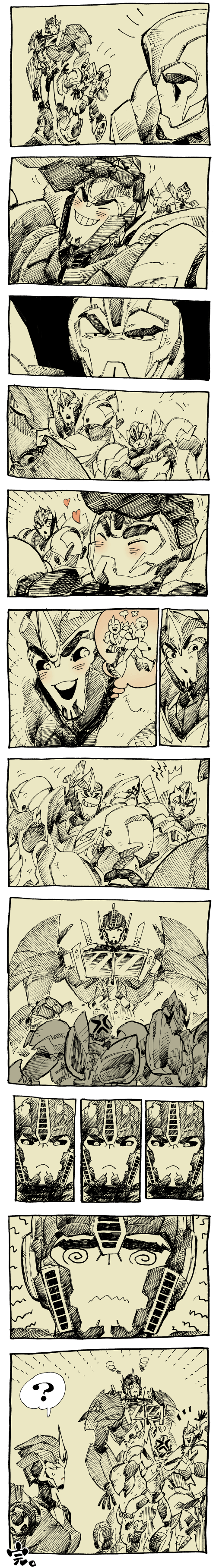 1girl, 3boys, absurdres, angry, autobot, blush, bumblebee, closed_eyes, comic, eyes_closed, happy, heart, highres, jealous, kotteri, multiple_boys, no_humans, optimus_prime, petting, robot, smokescreen_(transformers), sweat, transformers, transformers_prime
