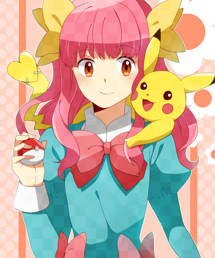 1boy, animal_on_shoulder, bow, brown_eyes, heart, juliet_sleeves, long_sleeves, pikachu
