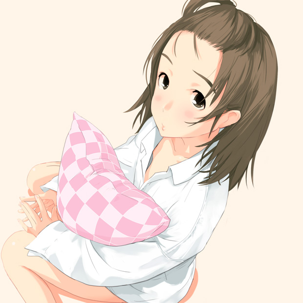 brown_eyes, brown_hair, dress_shirt, forehead, hanaosutarou, kneeling, long_hair, pillow
