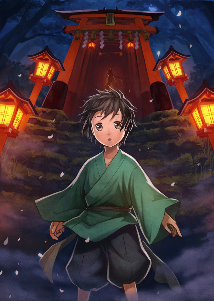 :o, black_hair, brown_eyes, brown_hair, forest, japanese_clothes, kato_ayaka, lamp