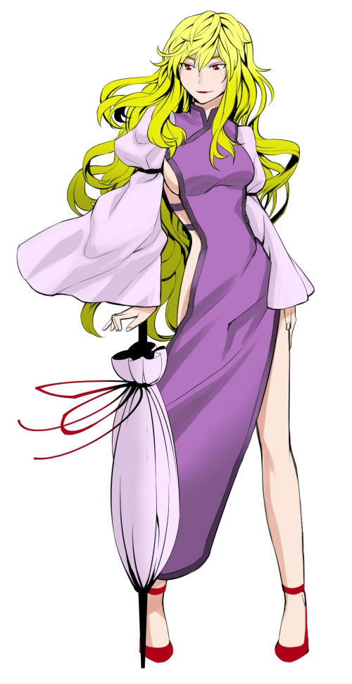 dress, headwear_removed, kurirou, legs, naked_tabard, no_hat, no_headwear, parasol, red_eyes, rhaizawa, slippers, smirk, solo, tabard, touhou, umbrella, wavy_hair, wide_sleeves, yakumo_yukari