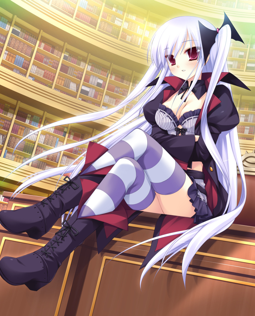 akechi_hikari, blue_hair, book, boots, bustier, cape, crossed_legs, game_cg