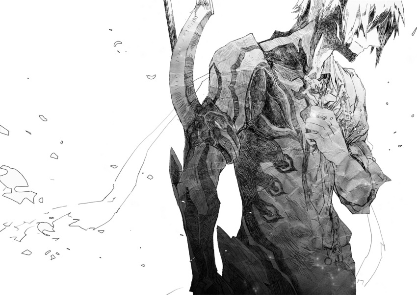 aocean, armor, hidden_eyes, ludger_will_kresnik, male, monochrome, necktie, serious