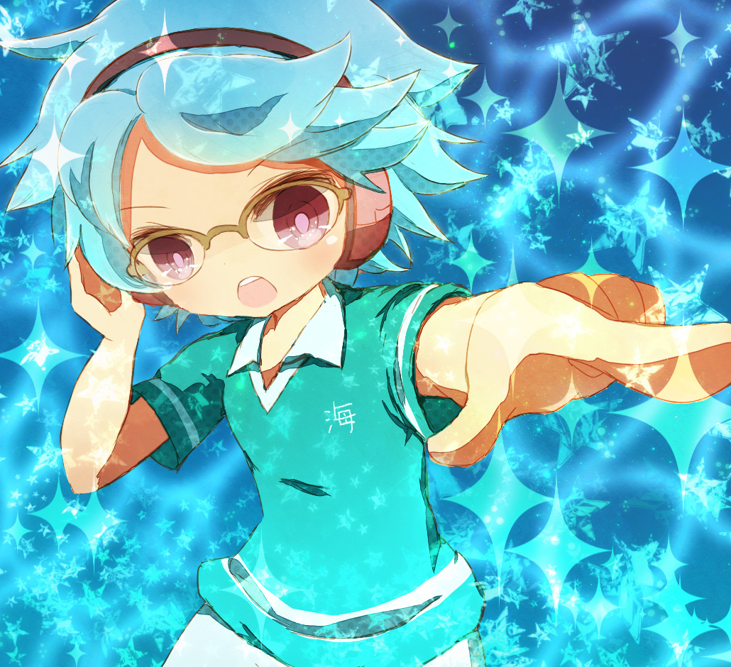 1boy, blue_hair, bust, glasses, headphones, inazuma_eleven, inazuma_eleven_(series), male, open_mouth, otomura_gakuya, oumihara, soccer_uniform, solo, yoshida_(nono_ko)
