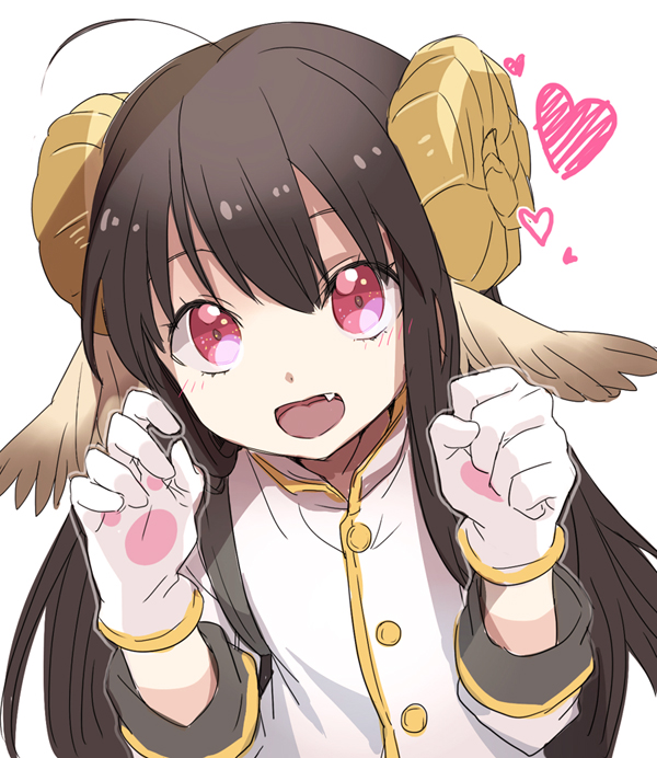 ahoge, black_hair, clenched_hand, fang, gloves, head_wings, heart, horns