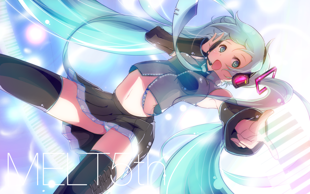 :d, aqua_eyes, aqua_hair, bare_shoulders, black_legwear, detached_sleeves, hand_on_headphones, hatsune_miku