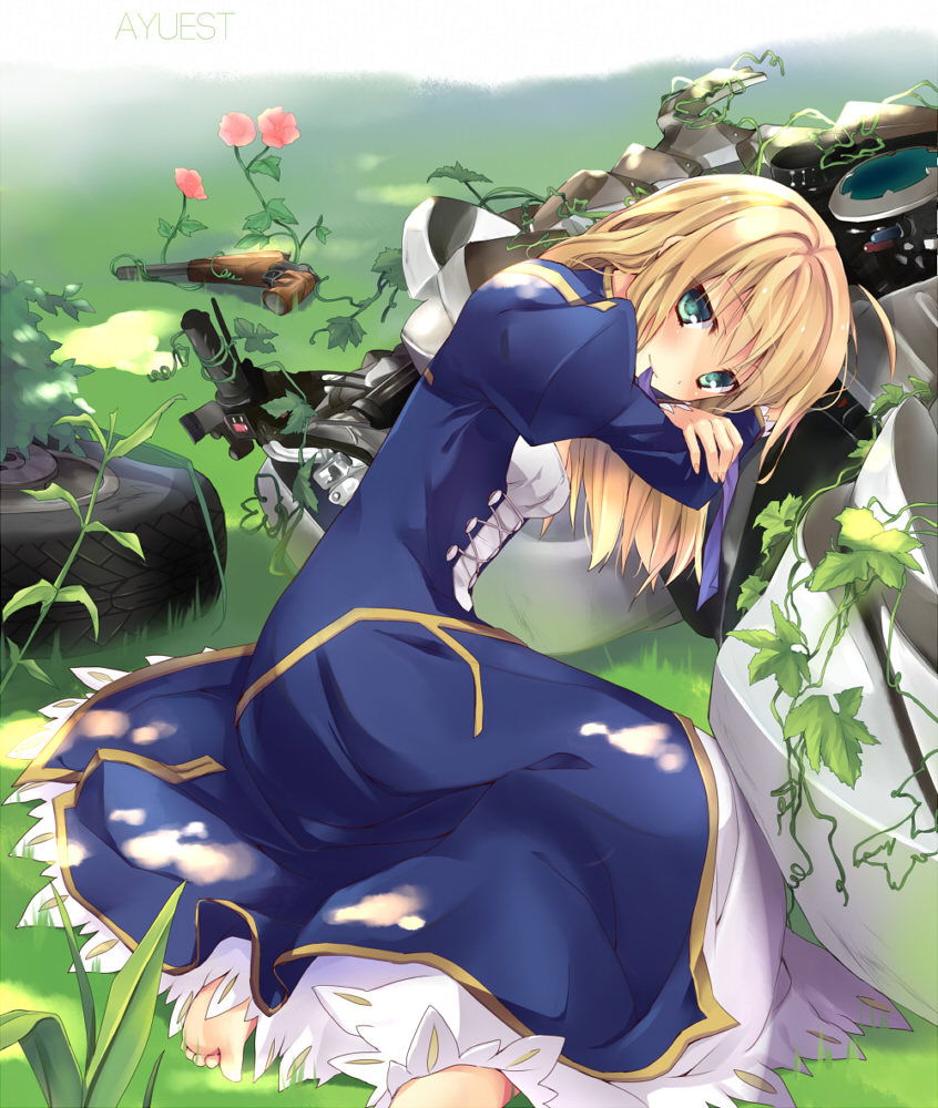bankoku_ayuya, barefoot, blonde_hair, blush, collarbone, dress, fate/zero, fate_(series)