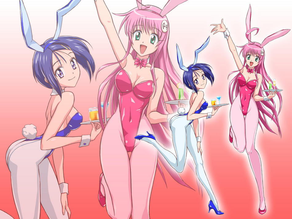 blue_hair, rabbit_ears, bunny_outfit, lala_satalin_deviluke, long_hair, pink_hair, sairenji_haruna, short_hair