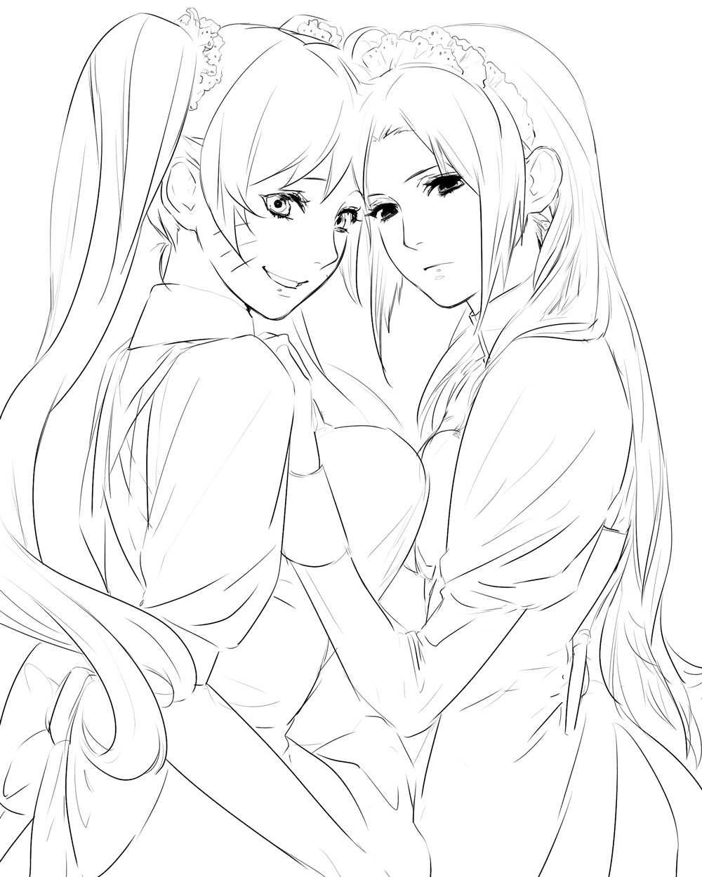 asymmetrical_docking, breast_press, breasts, dress, genderswap, highres, large_breasts, lineart