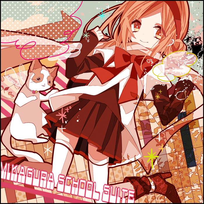 cat, hairband, houkago_stride_(vocaloid), looking_at_viewer, pink_eyes, pink_hair, school_uniform, skirt