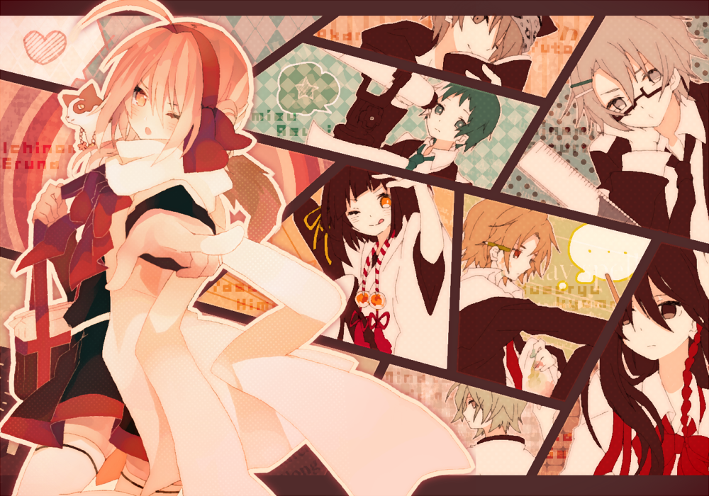 cat, hairband, houkago_stride_(vocaloid), looking_at_viewer, miwasiba, multiple_boys, multiple_girls, pink_eyes